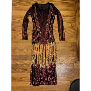 Sequined Dress Women's L Sheer Mid Length Long Sleeve Bodycon Multicolor EUC